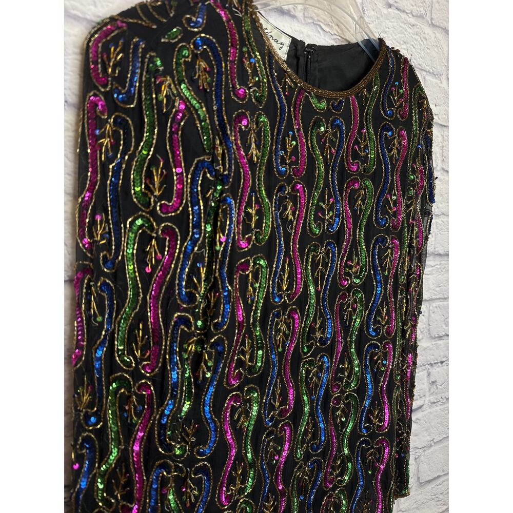 Sténay Vintage Multicolor Beaded Silk Women's Long Sleeve Formal Top SZ Small